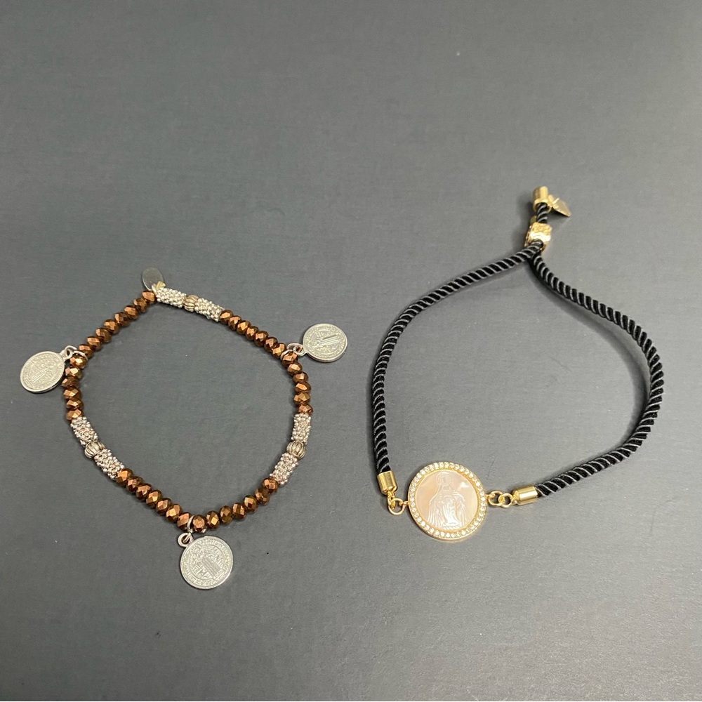 2 Religious Christian Catholic Cross Virgin Mary Beaded Bracelets Pendant - EUC